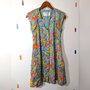 Lauren Moffatt Blue Floral Silk Cap Sleeve Dress